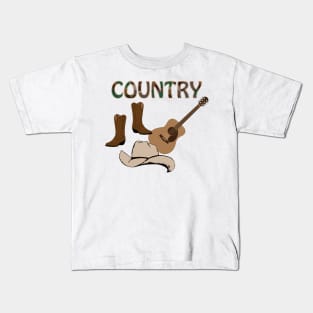 Country, Design, cowboy, cowgirl, boots, guitar, hat Kids T-Shirt